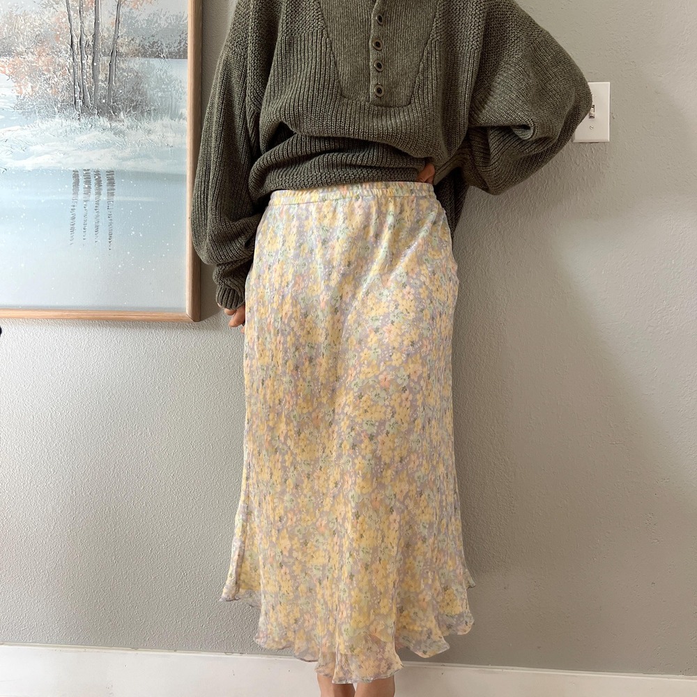 Y2K Silk Floral‎ Midi Skirt Bias Cut Cottagecore soft romantic layering Slip - Picture 3 of 9